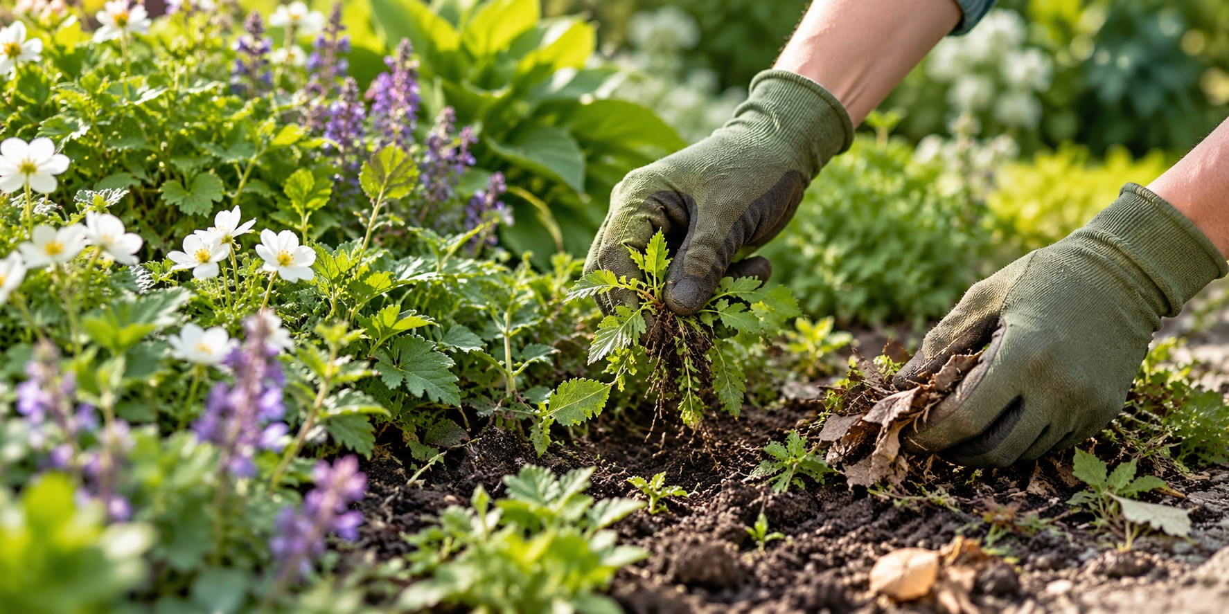 Gärtnerische Arbeit mit Handschuhen in einem Blumenbeet